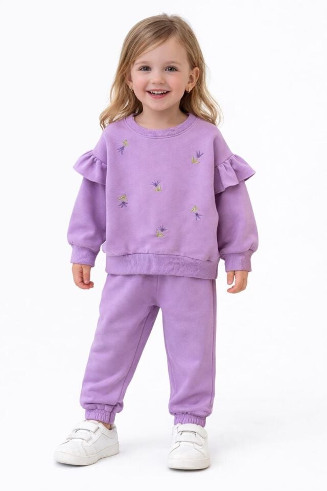 KIZ ÇOCUK NAKIŞLI 2'Lİ EŞOFMAN TAKIM Lila - 4 Yaş