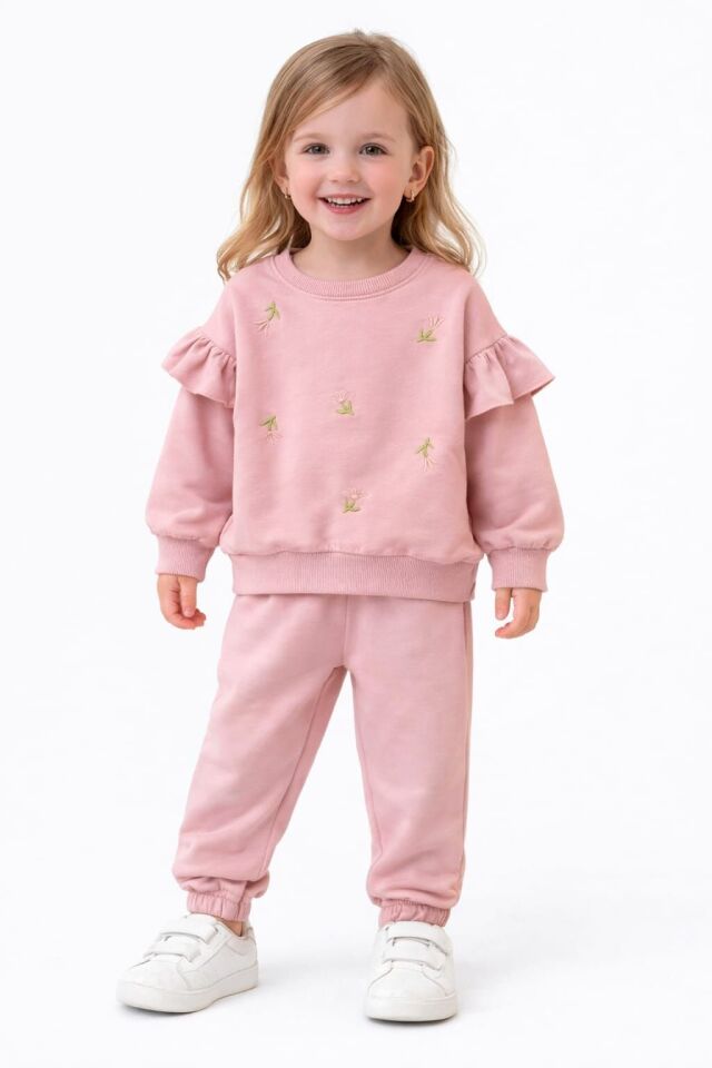 KIZ ÇOCUK NAKIŞLI 2'Lİ EŞOFMAN TAKIM Pembe - 4 Yaş