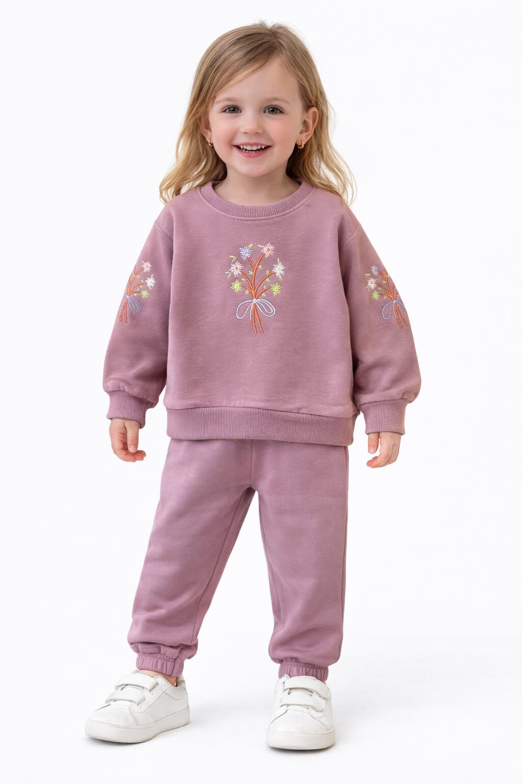 KIZ ÇOCUK ÇİÇEK NAKIŞLI EŞOFMAN TAKIM 4 Yaş - Mürdüm
