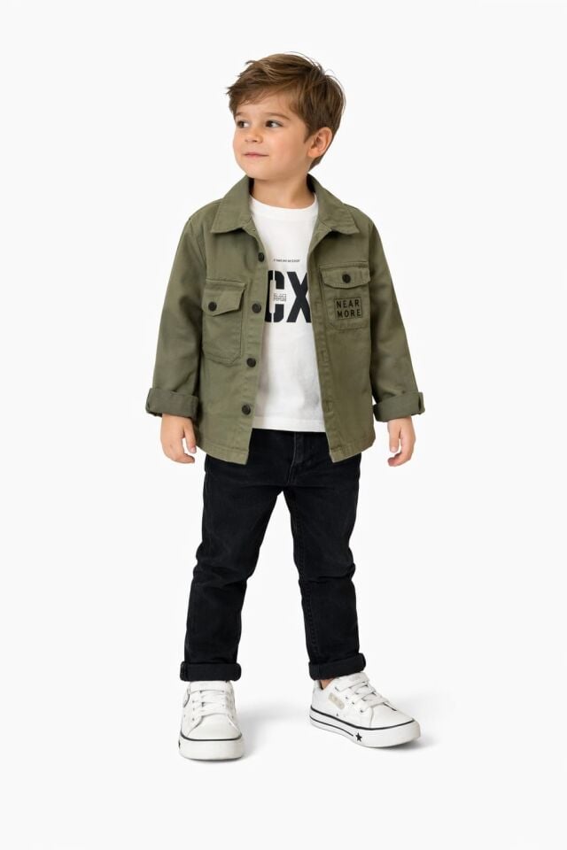 ERKEK ÇOCUK 3'LÜ TAKIM HAKİ CEKET BEYAZ TİŞÖRT SİYAH PANTOLON ŞIK KOMBİN