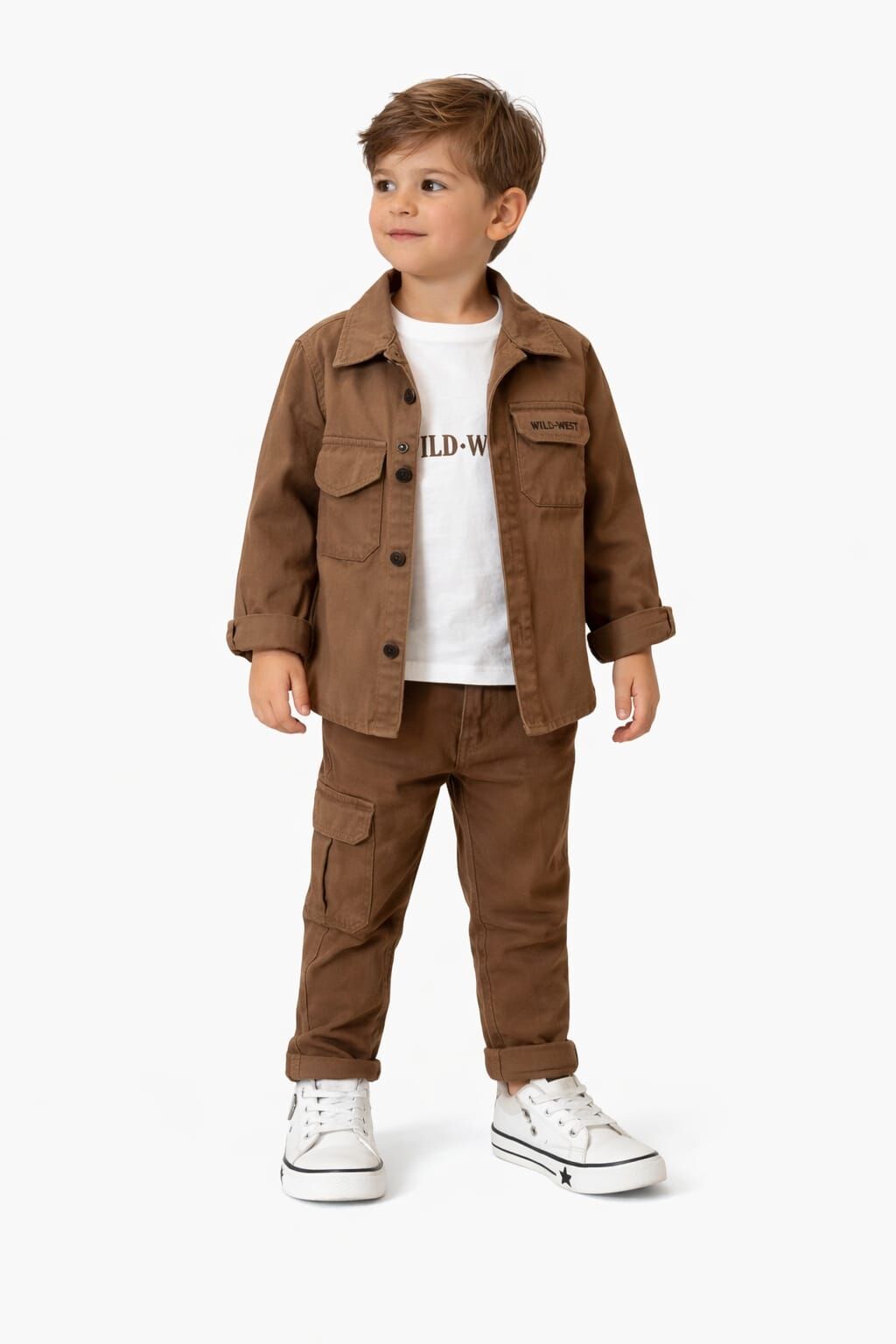 ERKEK ÇOCUK 3'LÜ TAKIM KAHVERENGİ CEKET BEYAZ TİŞÖRT PANTOLON ŞIK KOMBİN