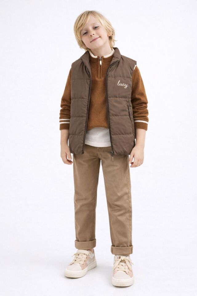 ERKEK ÇOCUK KAPİTONE ŞİŞME YELEKLİ TRİKO KAZAK TAKIM Kahverengi / Koyu - 4 Yaş