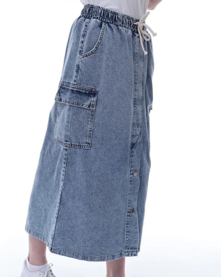 KIZ ÇOCUK CEPLİ VE DÜĞMELİ DENİM ETEK