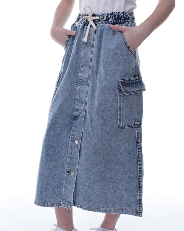 KIZ ÇOCUK CEPLİ VE DÜĞMELİ DENİM ETEK 14 Yaş