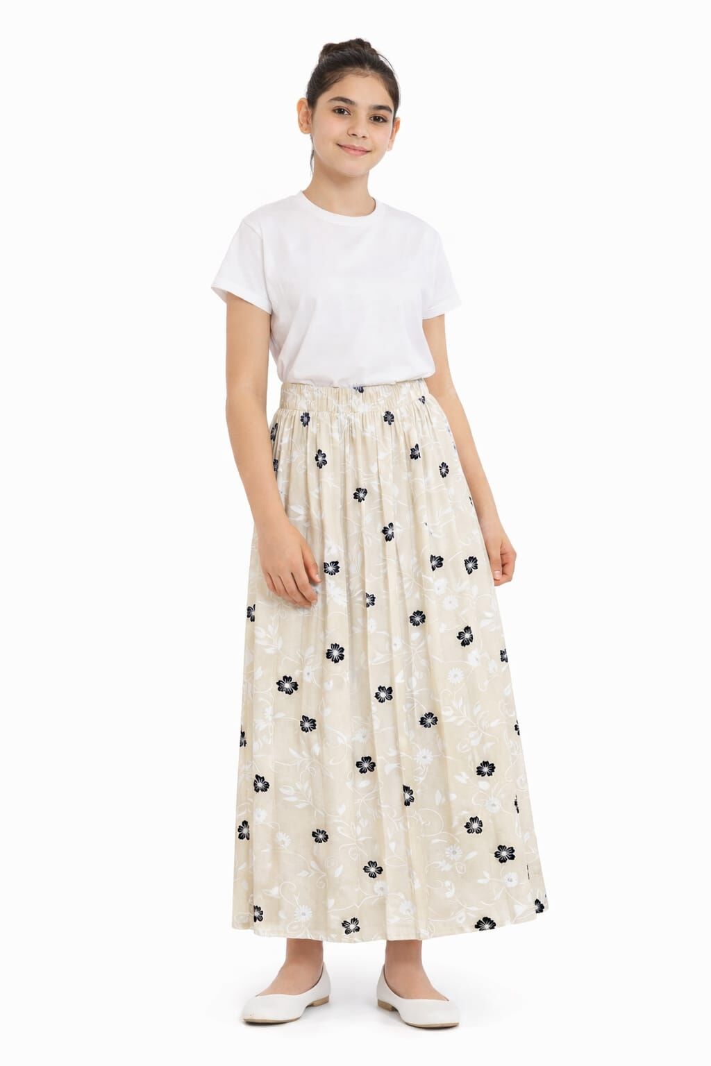 KIZ ÇOCUK ÇİÇEK DESENLİ BEL LASTİKLİ UZUN ETEK