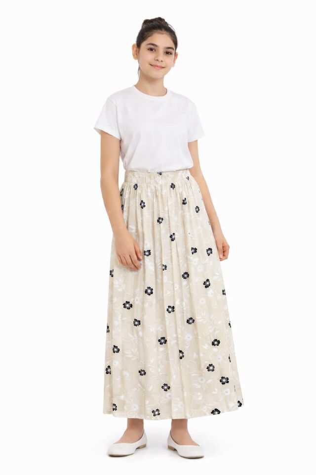 KIZ ÇOCUK ÇİÇEK DESENLİ BEL LASTİKLİ UZUN ETEK