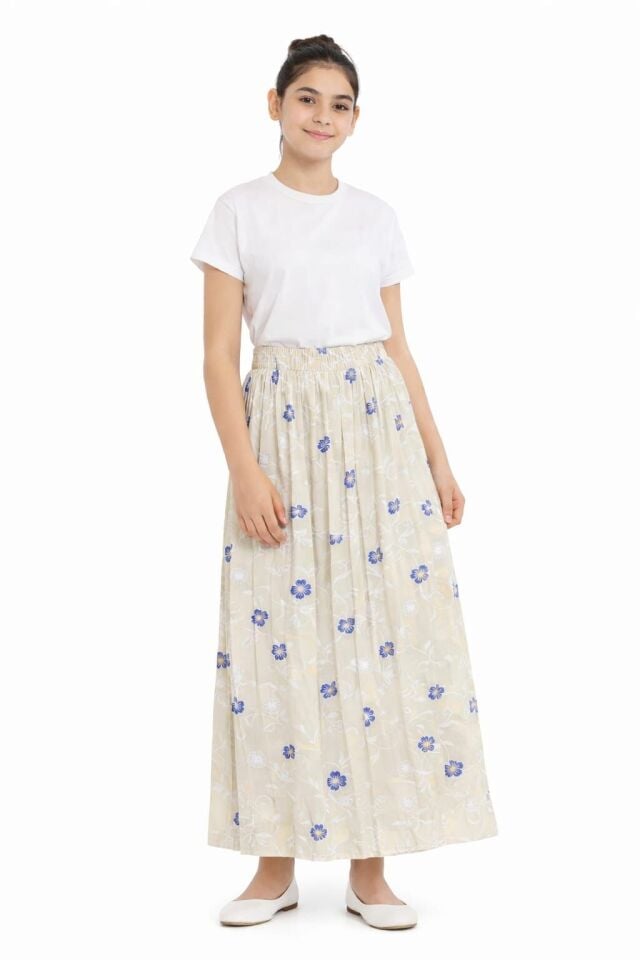 KIZ ÇOCUK ÇİÇEK DESENLİ BEL LASTİKLİ UZUN ETEK Siyah - 12 Yaş