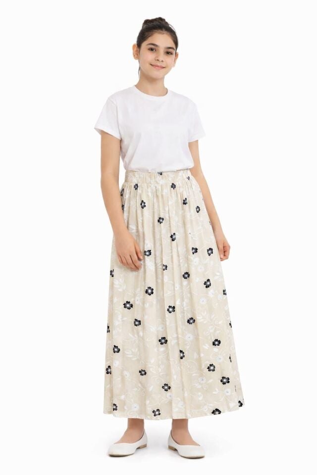 KIZ ÇOCUK ÇİÇEK DESENLİ BEL LASTİKLİ UZUN ETEK Mavi - 15 Yaş