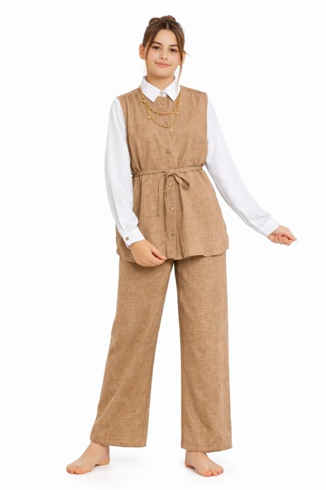 KIZ ÇOCUK 2'Lİ TAKIM ŞIK VE RAHAT KOMBİN Kahverengi - 7-8 yaş